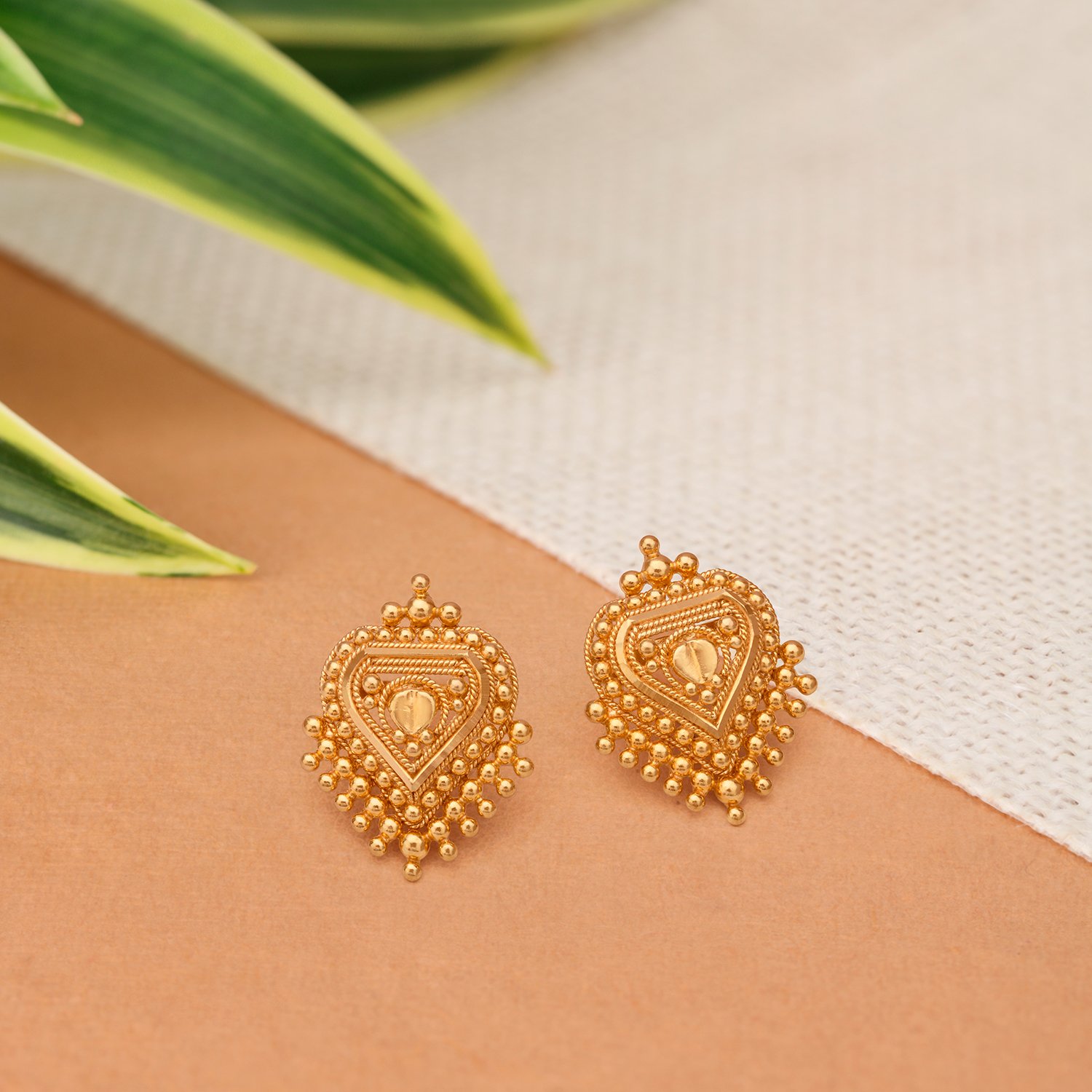 Traditional Beaded Gold Stud Earrings