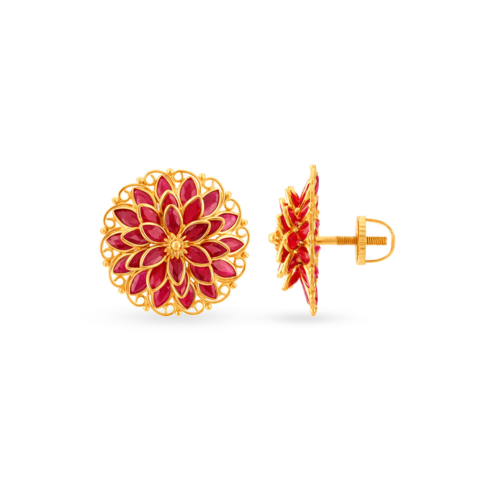 Irresistible 22 Karat Yellow Gold Floral Stud Earrings,,hi-res image number null
