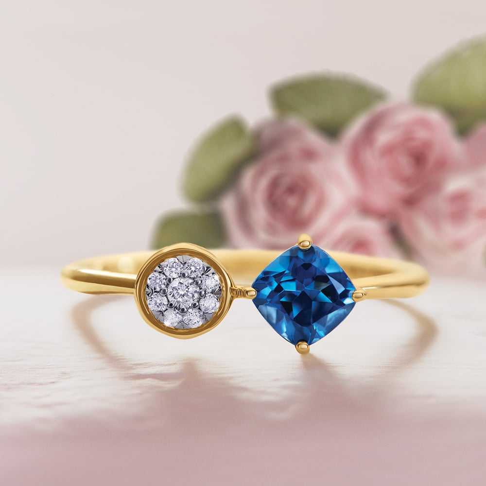 14KT Yellow Gold Rare Pair Diamond and Blue Topaz Ring,,hi-res image number null