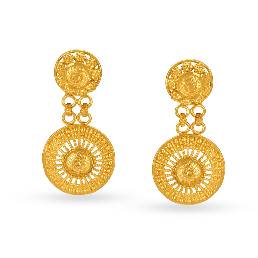 Floral Motif Gold Drop Earrings with Wheel Pattern