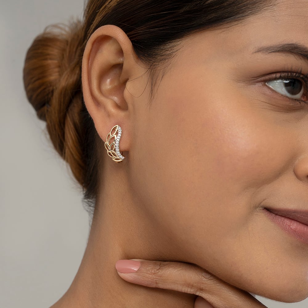 Leafy Radiant Gold & Diamond Hoop Earrings,,hi-res image number null
