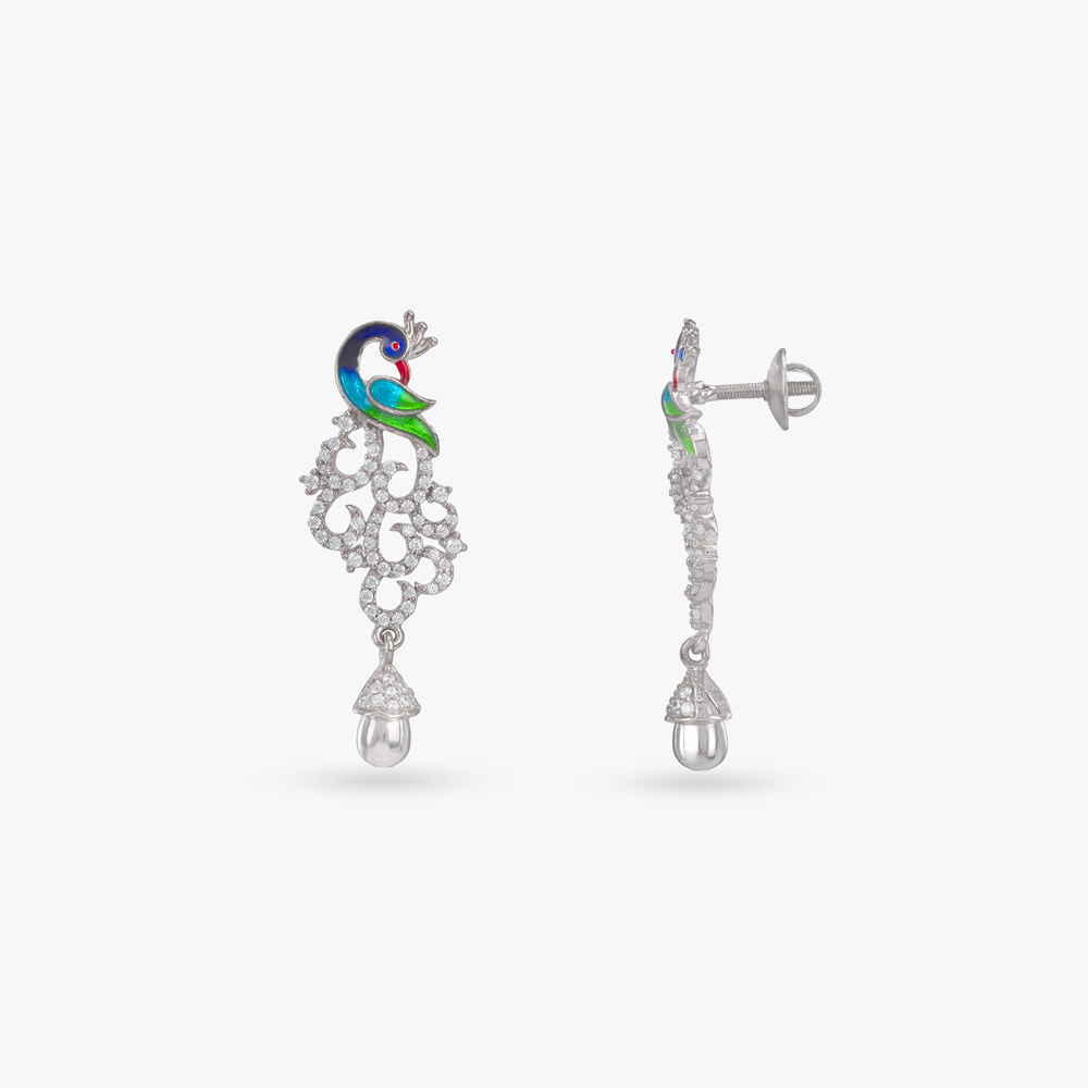 Peacock Parade Silver Pendant with Chain and Earrings Set,,hi-res image number null