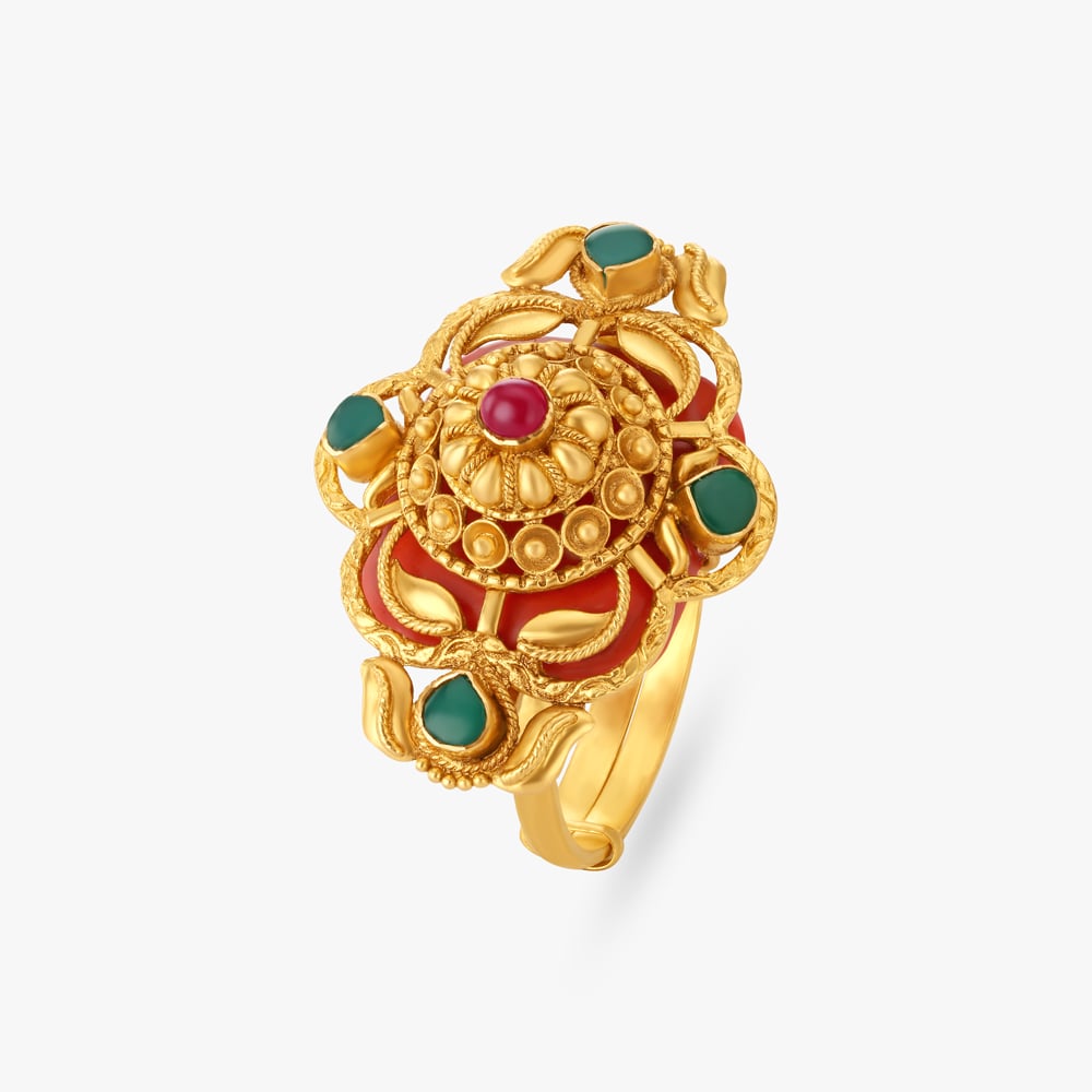 Stylish Floral Gold Ring with Emerald and Rubies