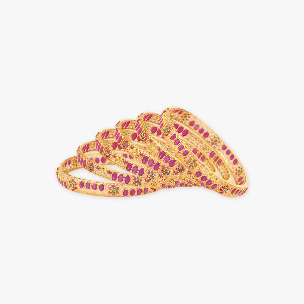 Ornate Floral Motif Gold Bangles,,hi-res image number null