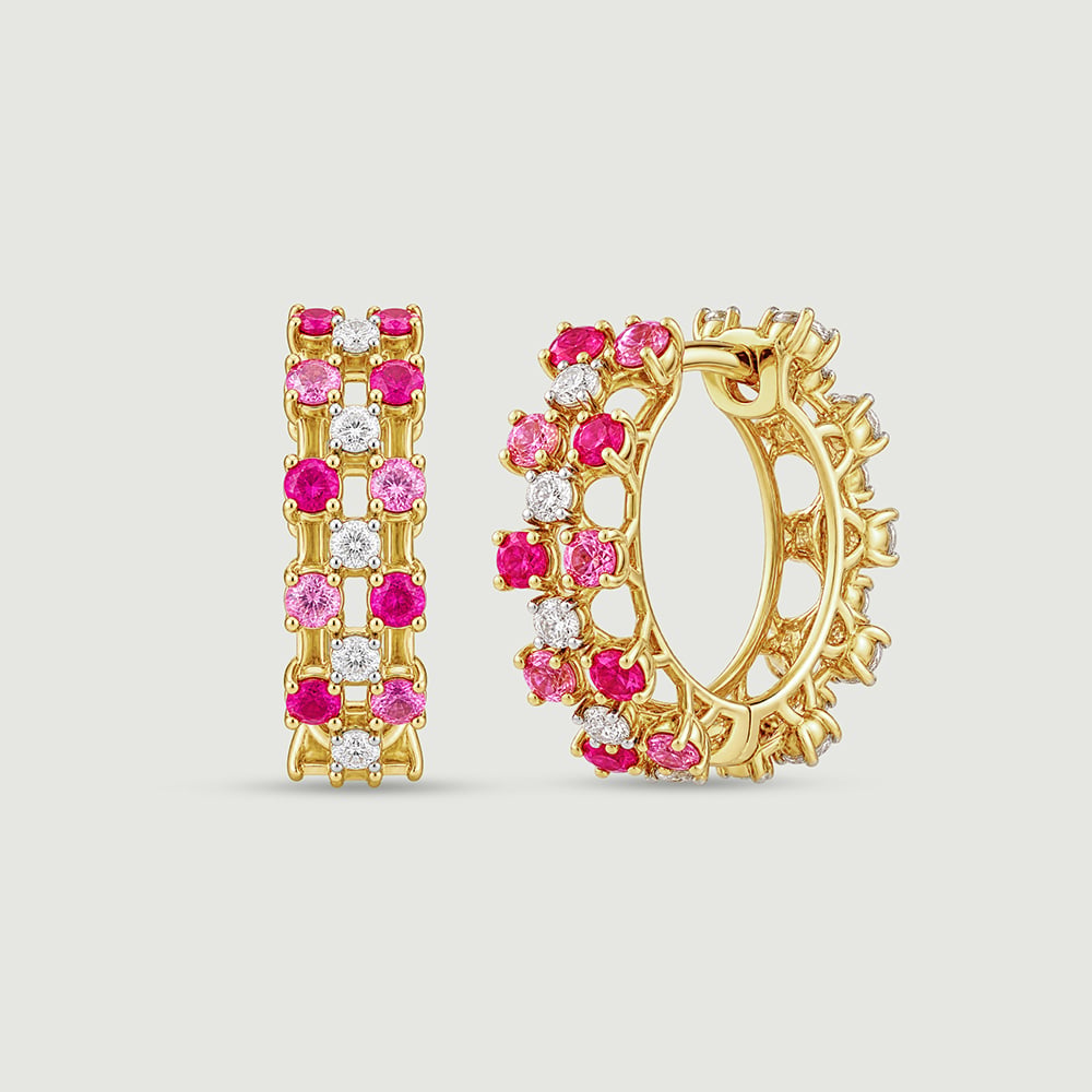 Graphic Triple Row Sapphire and Ruby Hoop Earrings,,hi-res image number null