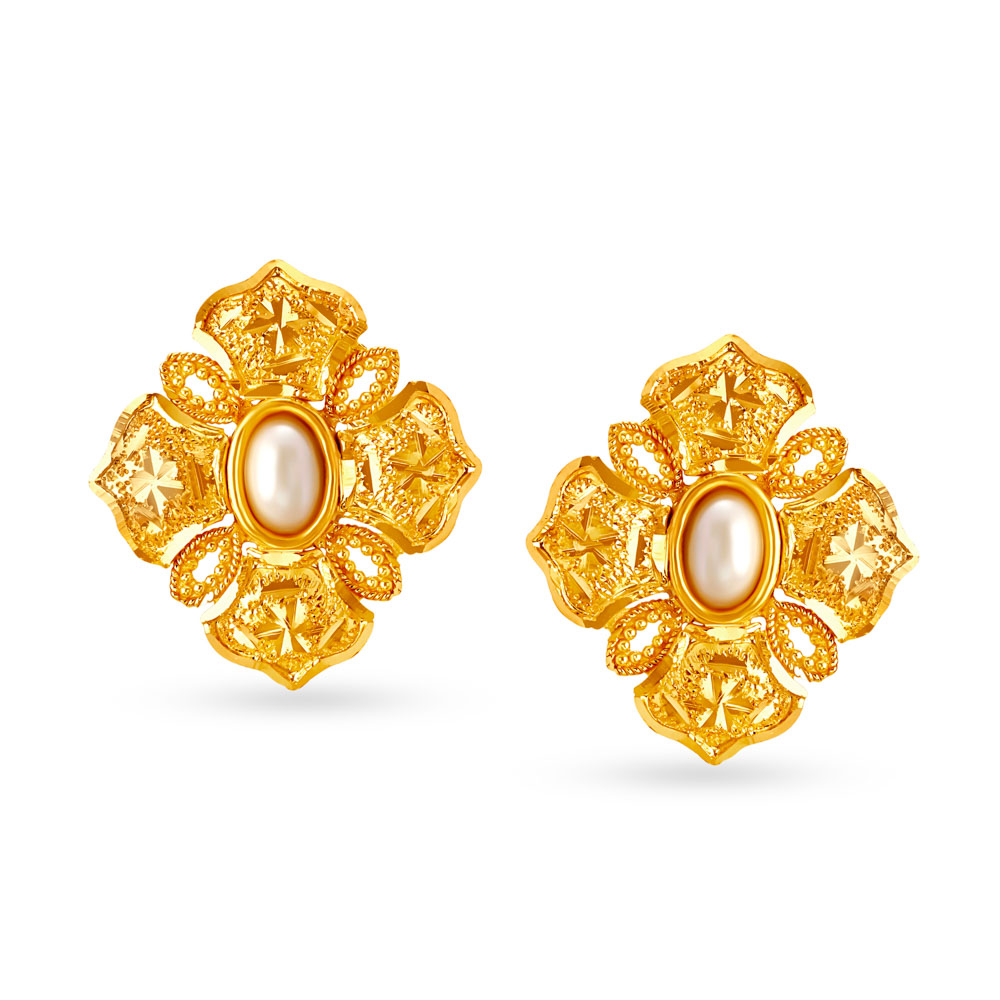 Elegant 22 Karat Gold And Pearl Floral Stud Earrings,,hi-res image number null
