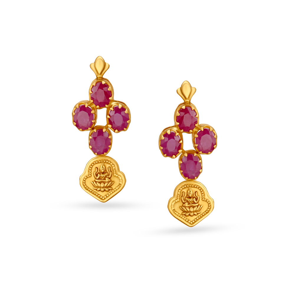 Ruby Lakshmi Motif Gold Drop Earrings