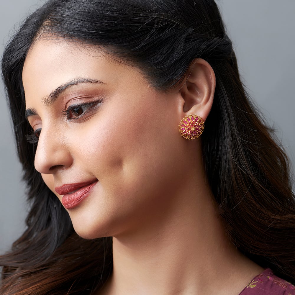 Irresistible 22 Karat Yellow Gold Floral Stud Earrings,,hi-res image number null