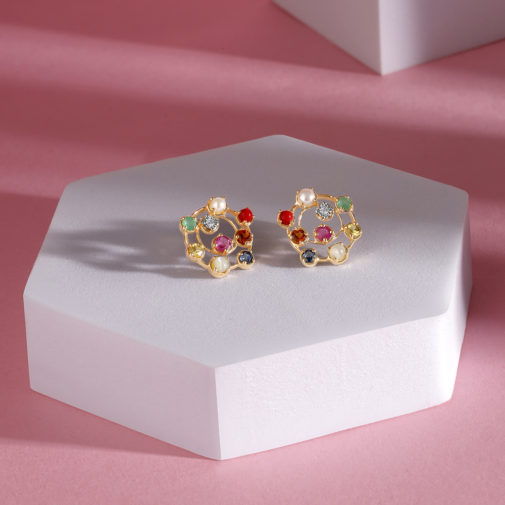 Navratna Nouveau 14KT Stud Earrings,,hi-res image number null