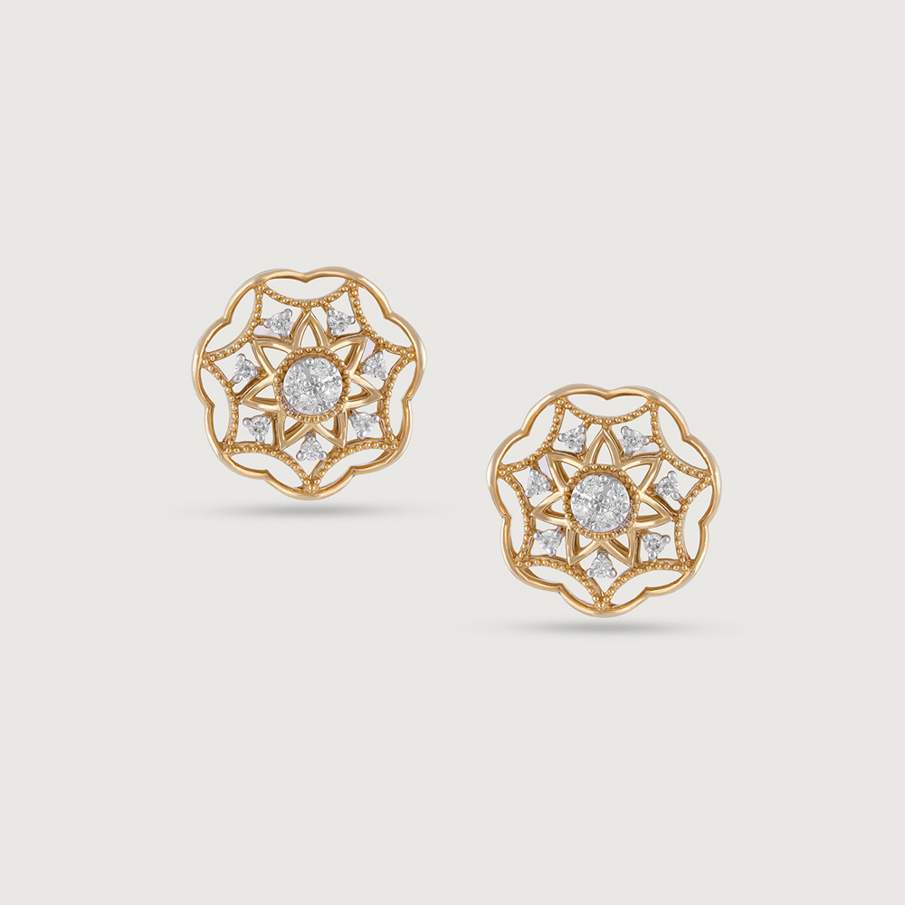 Ornate Filigree Gold & Diamond Stud Earrings,,hi-res image number null