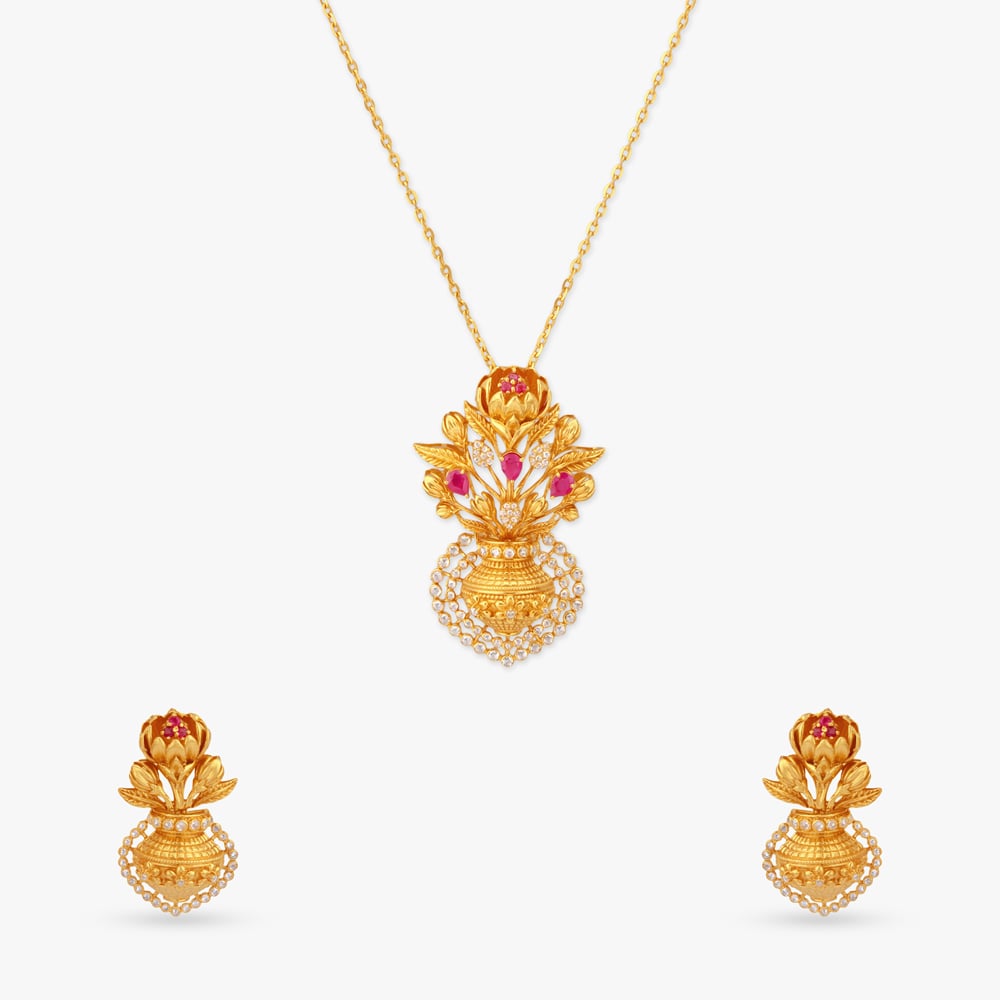 Jasmine Poise Gold Pendant with Chain and Earrings Set,,hi-res image number null