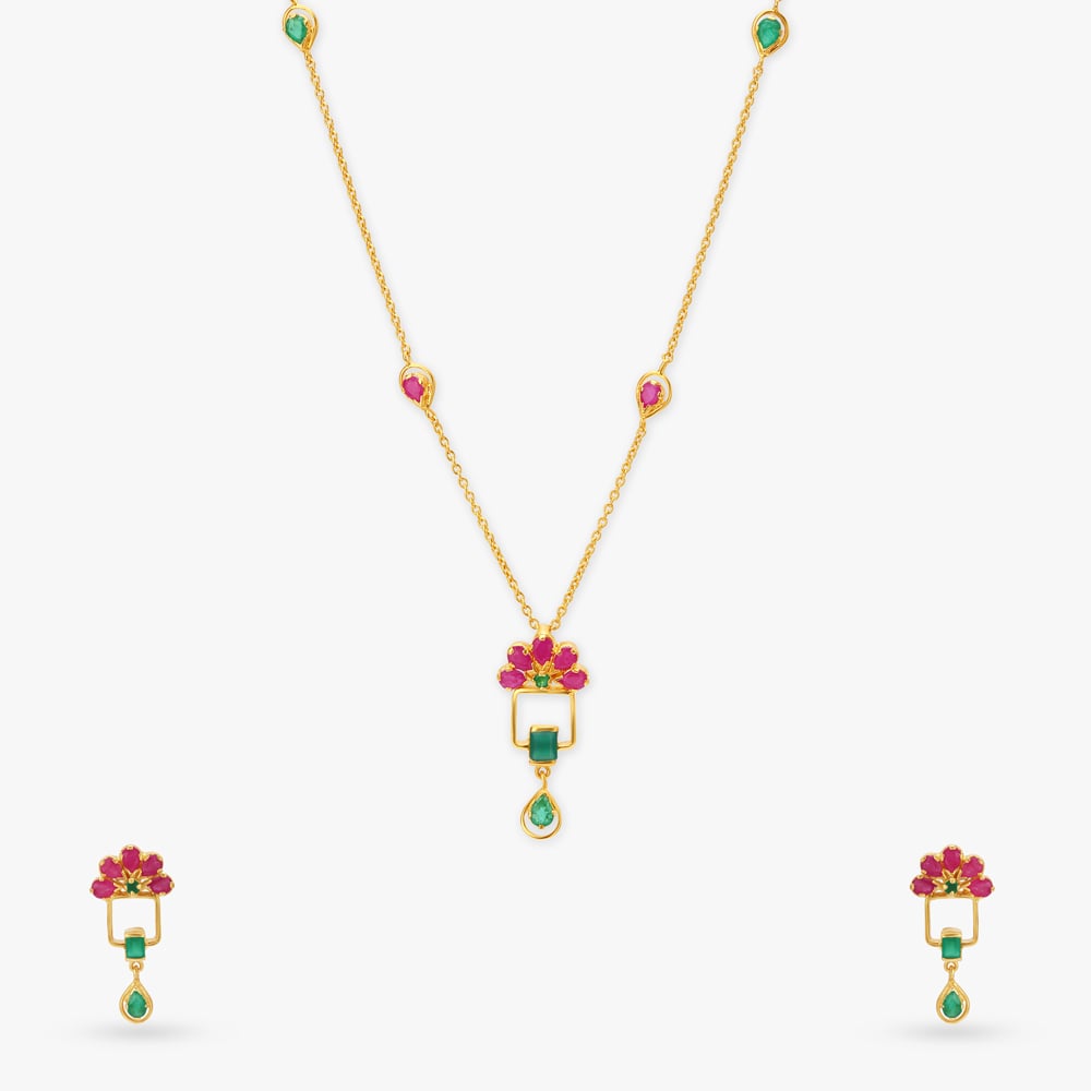 

Floral Symphony Gold Pendant with Chain and Earrings Set