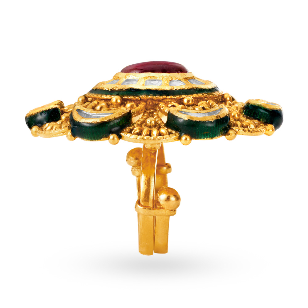 Vintage 22 Karat Gold And Kundan Glass Floral Ring,,hi-res image number null