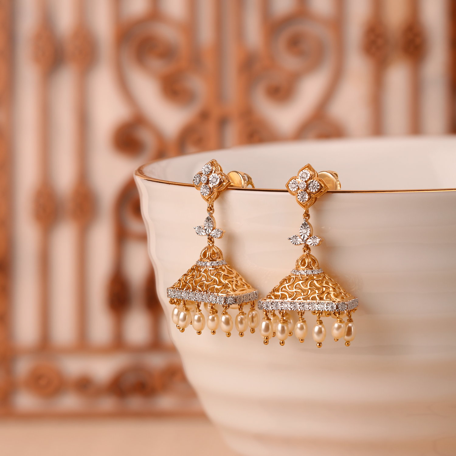 Decorous Diamond Studded Jhumkas with Rock Crystals