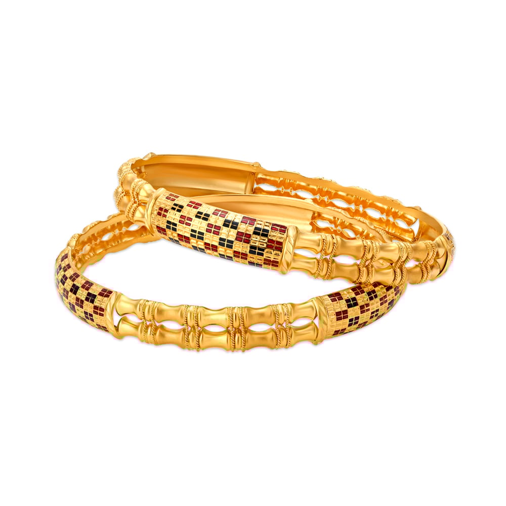 Vibrant Yellow Gold Checkered Bangles,,hi-res image number null