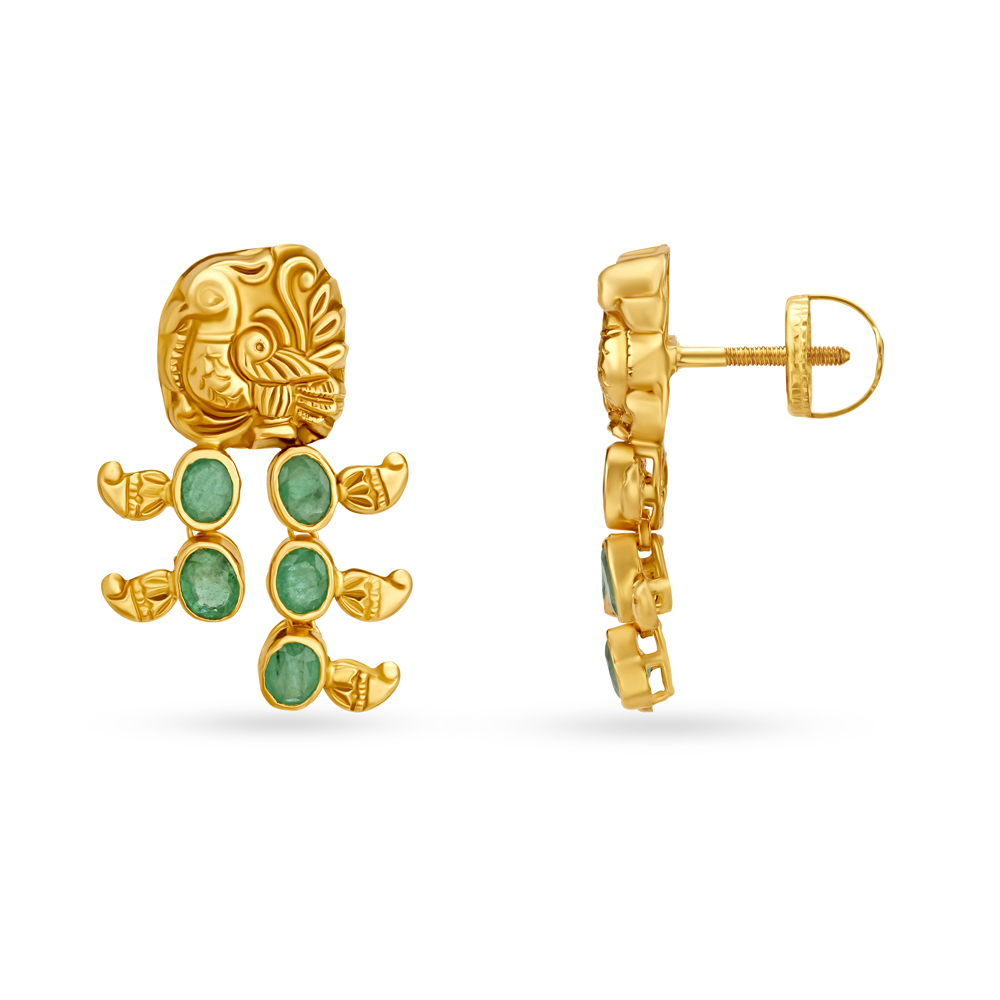 Peacock Motif Emerald Gold Drop Earrings,,hi-res image number null
