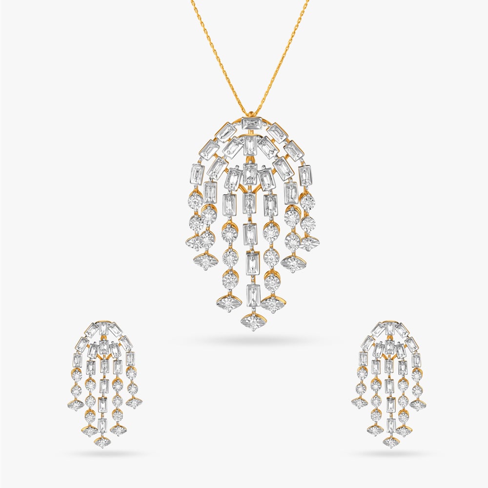 Sleek Cascade Diamond Pendant and Earrings Set,,hi-res image number null