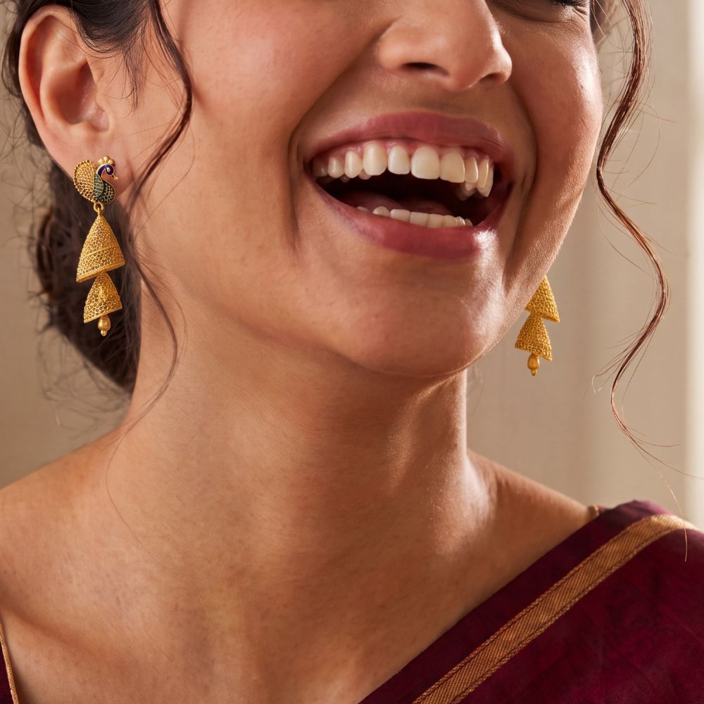 Peacock Inspired Gold Jhumkas,,hi-res image number null