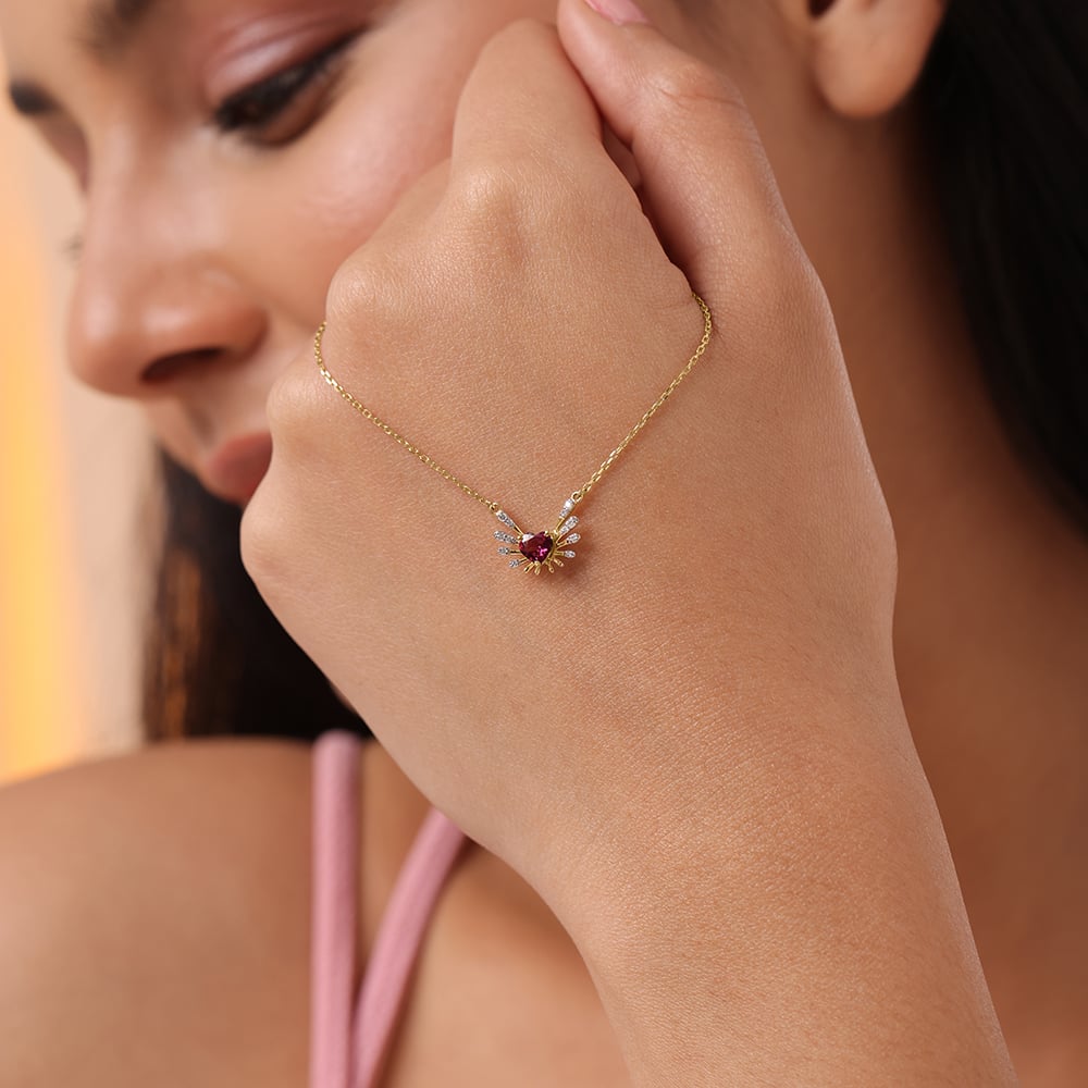 Heart & Wings 14KT Gold, Diamond & Pink Garnet Necklace,,hi-res image number null