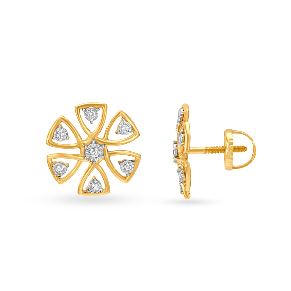 Classy 18 Karat Yellow and White Gold And Diamond Flower Stud Earrings,,hi-res image number null