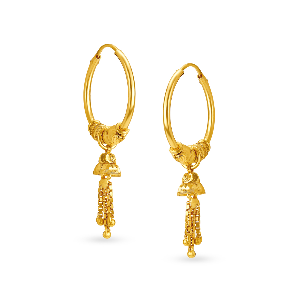 Beautiful 18 Karat Yellow Gold Tasselled Bali Style Hoop Earrings,,hi-res image number null