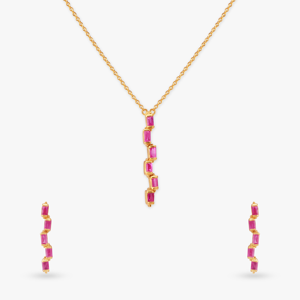 Geometric Gold Pendant with Chain and Earrings Set,,hi-res image number null