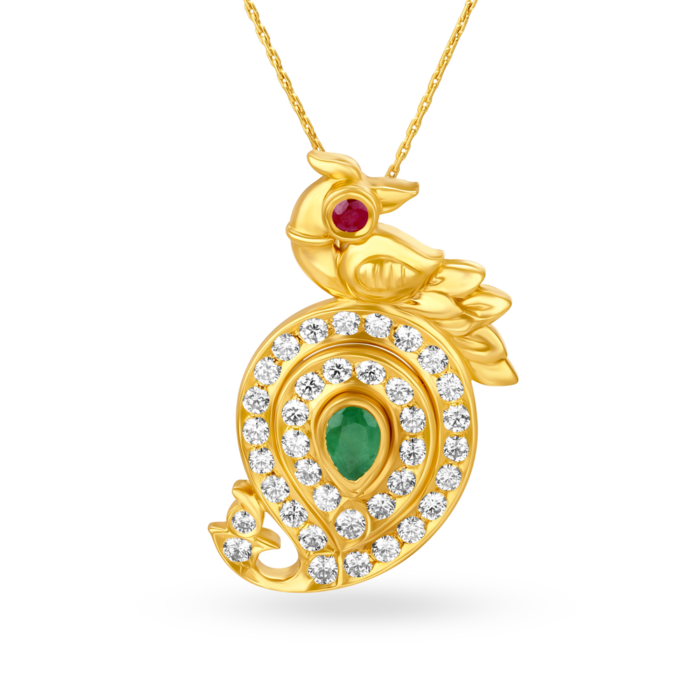 Opulent Peacock Motif Gold and Diamond Pendant with Emerald and Ruby