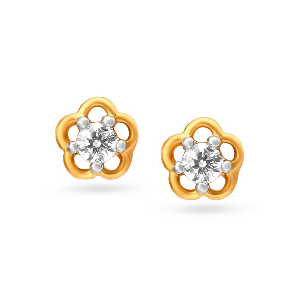 Solitaire Look Floral Gold and Diamond Stud Earrings,,hi-res image number null