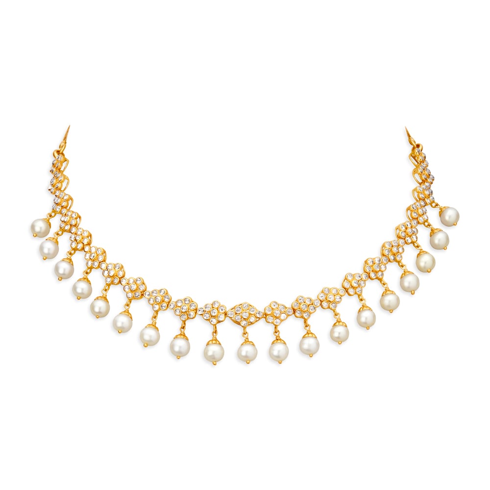 Fanciable Floral Design Pearl Studded Gold Necklace Set,,hi-res image number null