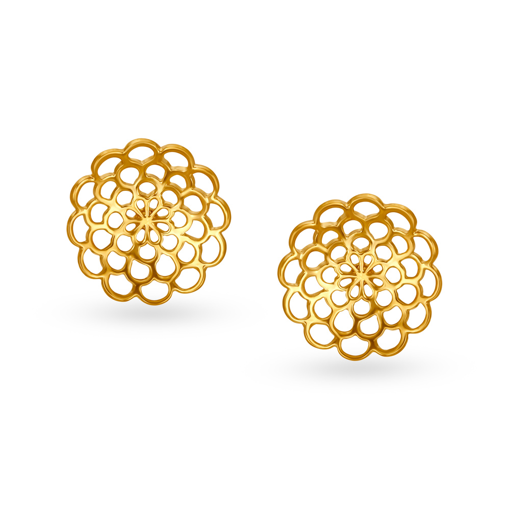 14KT Yellow Gold Stud Earrings With Floral Design