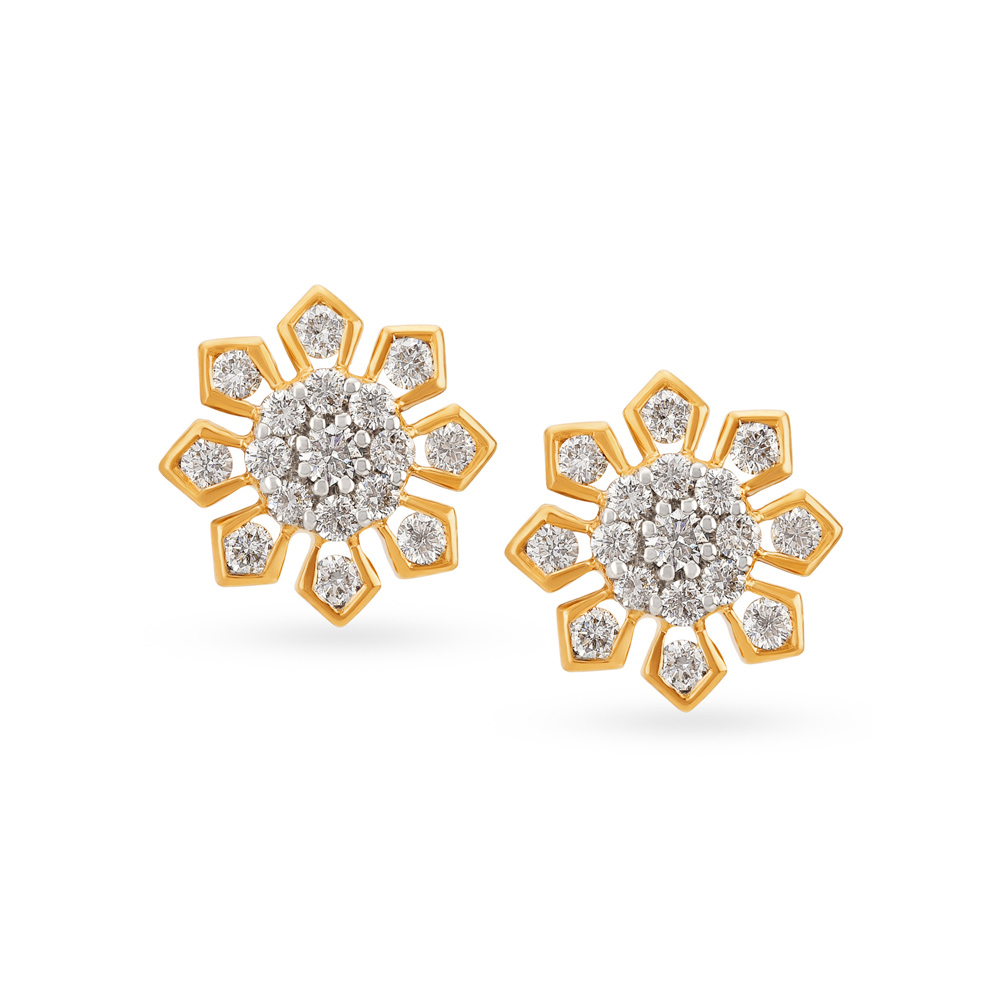 Cluster Look Sunflower Gold and Diamond Stud Earrings