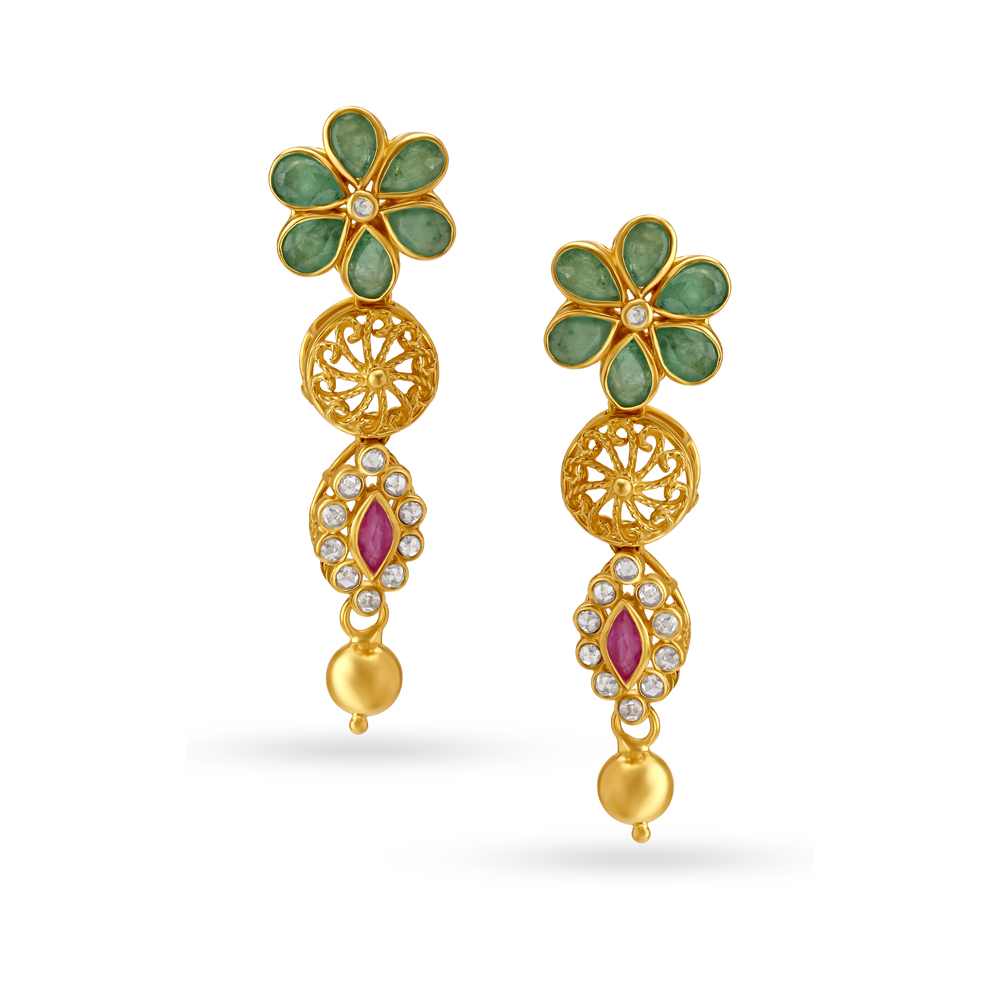 Floral And Wheel Motif Gold Drop Earrings Studded With Emerald And Ruby,,hi-res image number null