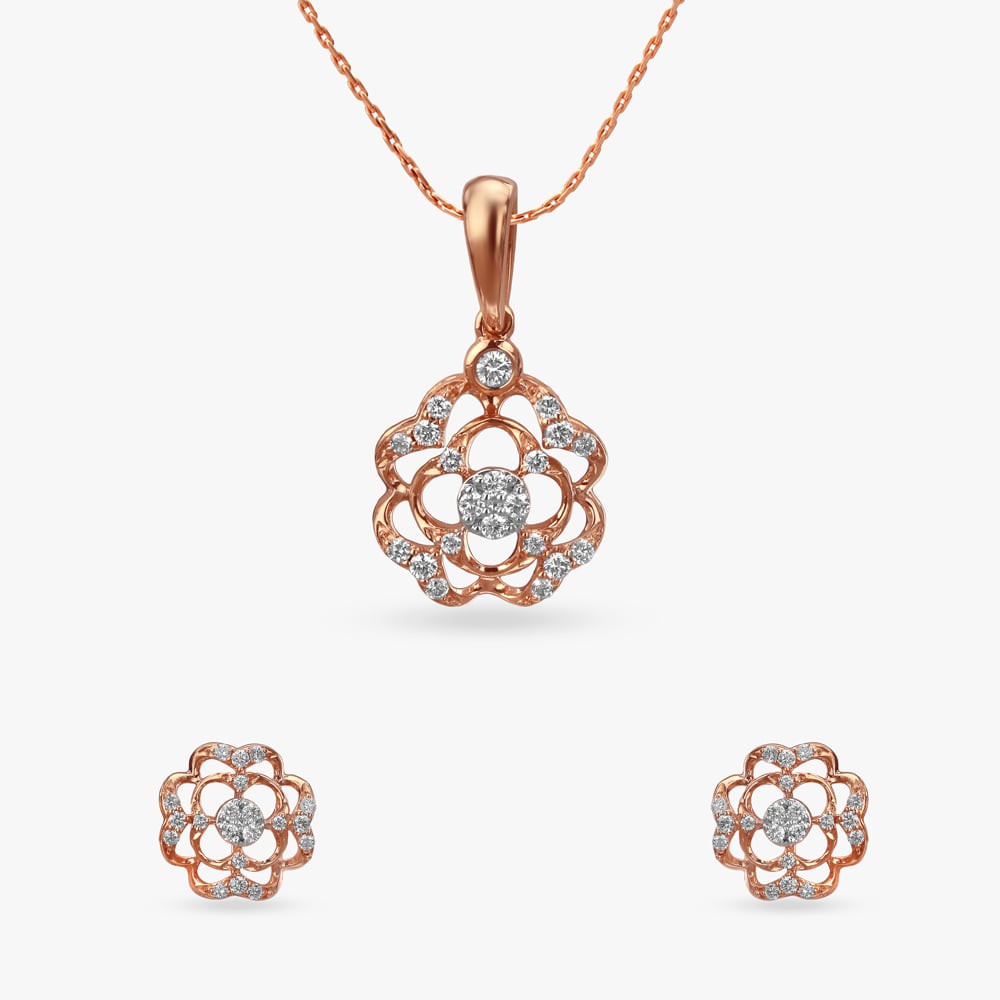 Rosy Bloom Diamond Pendant and Earrings Set,,hi-res image number null