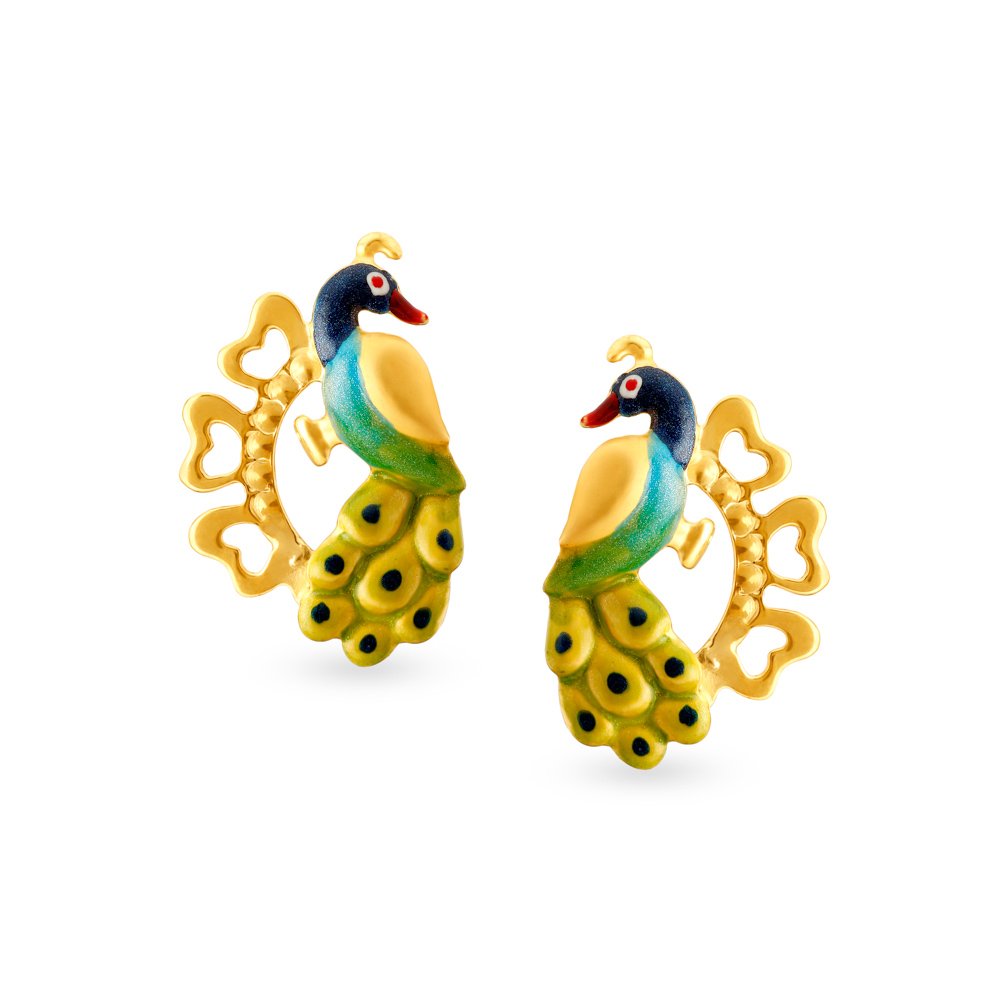 Pleasing 18 Karat Yellow Gold Peacock Stud Earrings