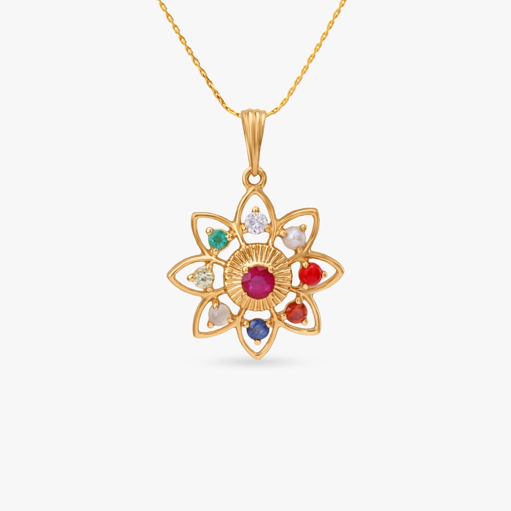 Luminous Floral Navratna and Diamond Pendant,,hi-res image number null