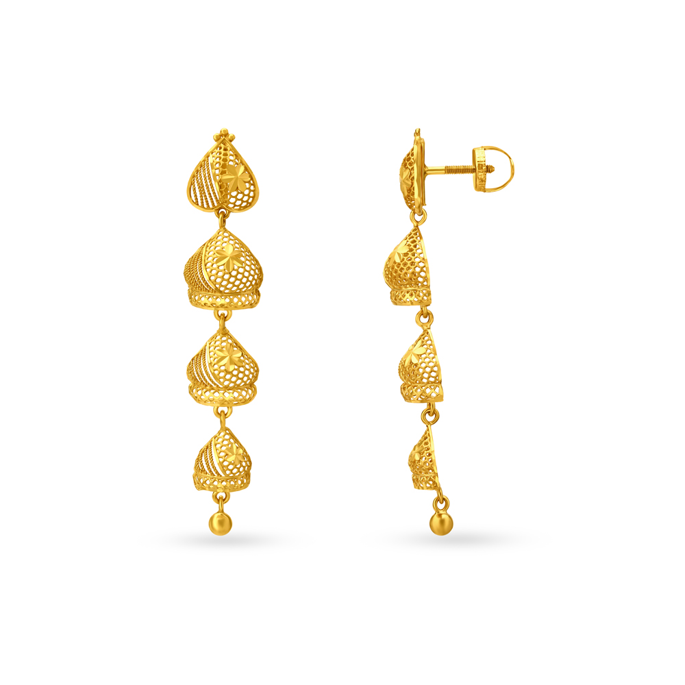 Opulent Yellow Gold Tiered Spade Jhumkas,,hi-res image number null