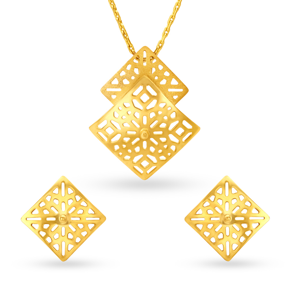 Geometeic Mesh Gold Pendant and Earrings Set,,hi-res image number null