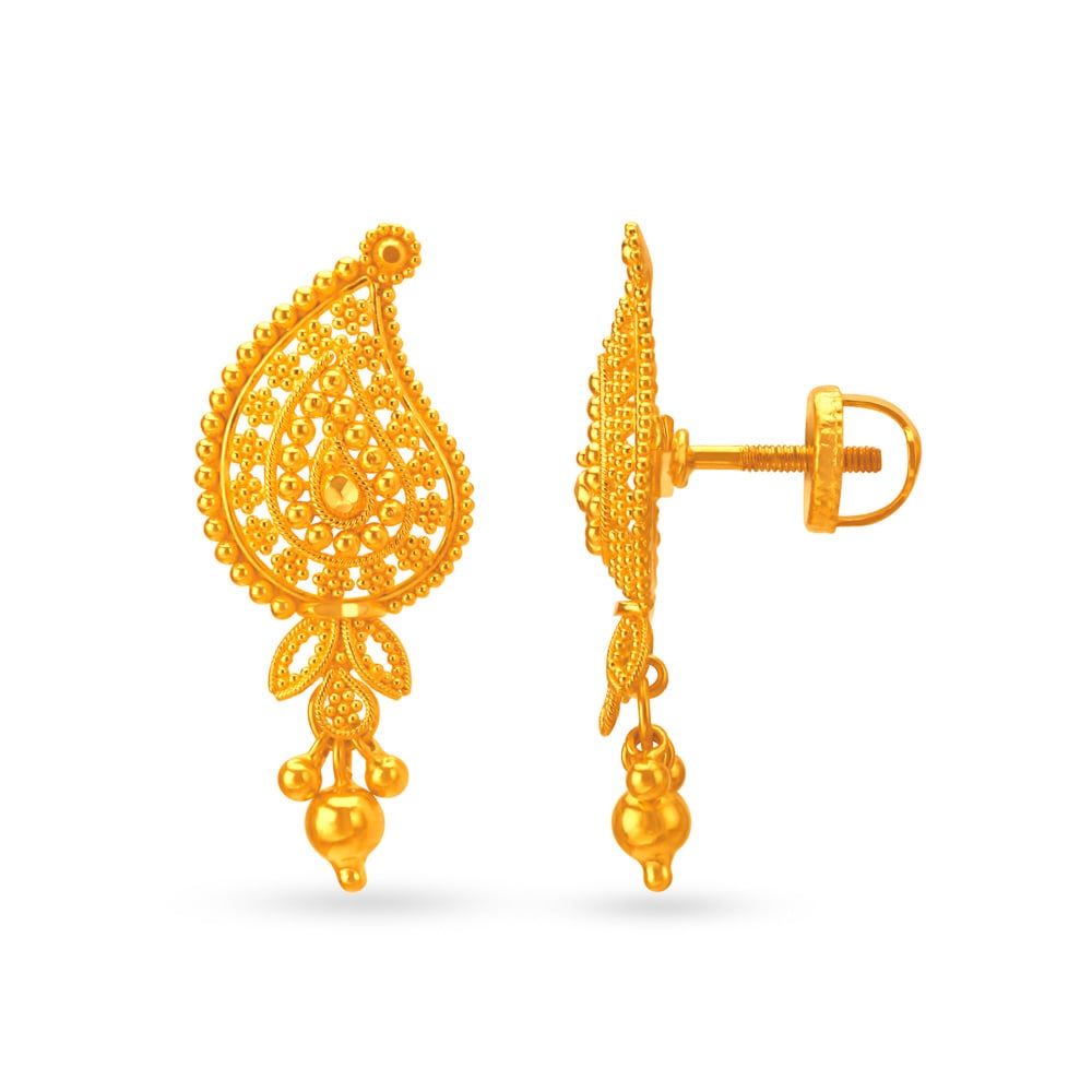

Alluring Mango Shape Rawa Work Drop Earrings