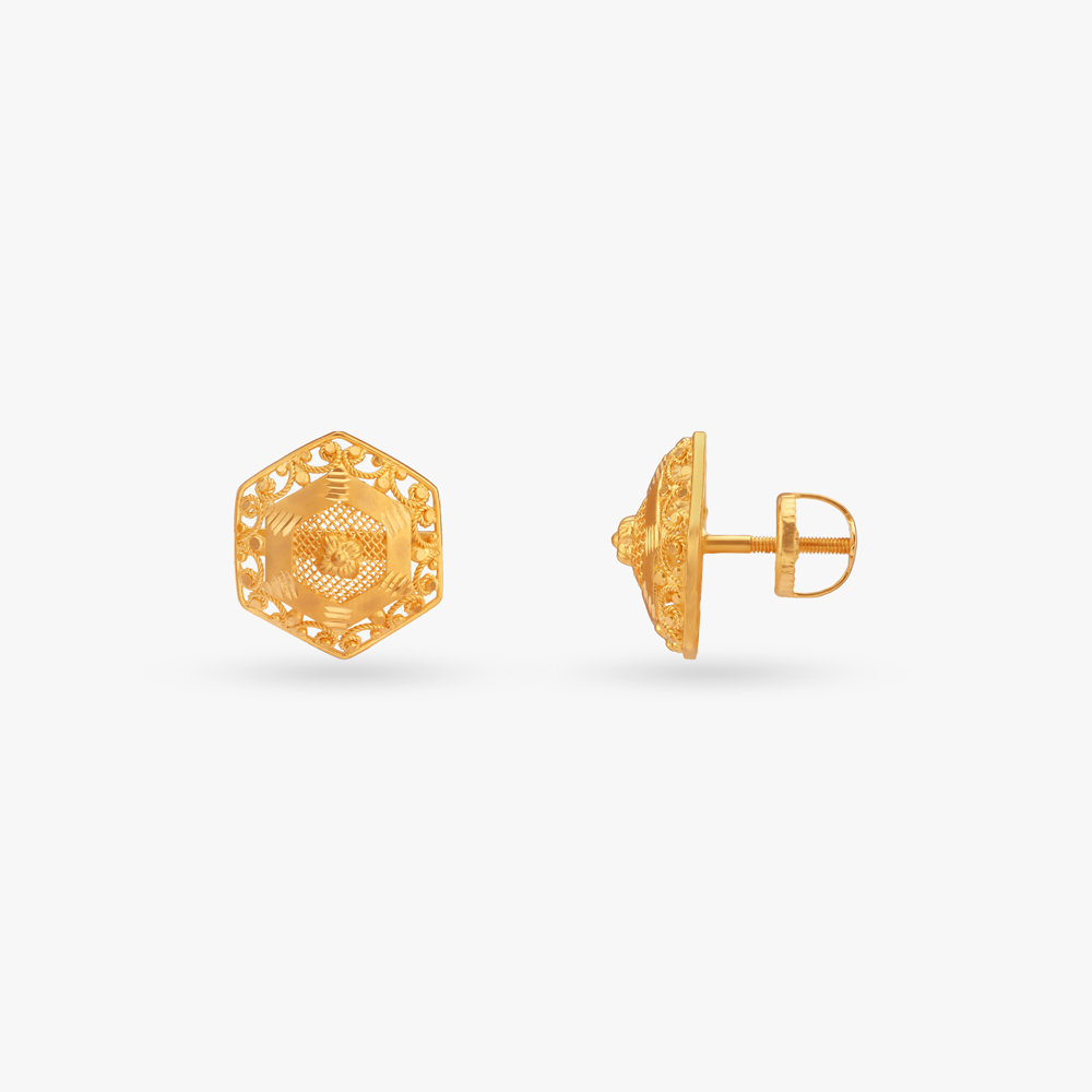 Hexagon Crest Gold Stud Earrings,,hi-res image number null