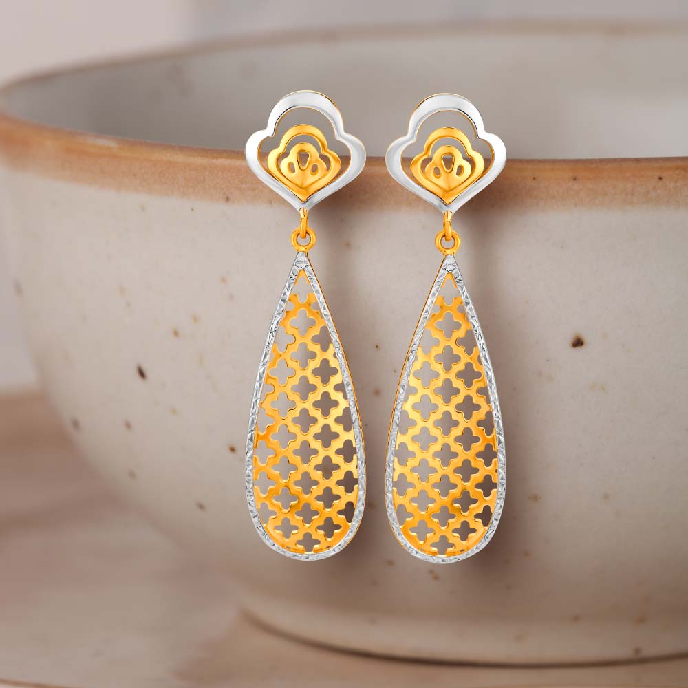 Wonderous Jali Work Two-Toned Drop Earrings in Teardrop Design