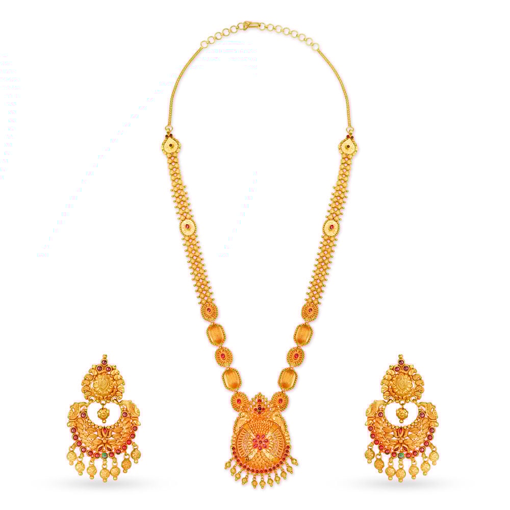 

Peacock Motif Rawa Work Gold Necklace Set