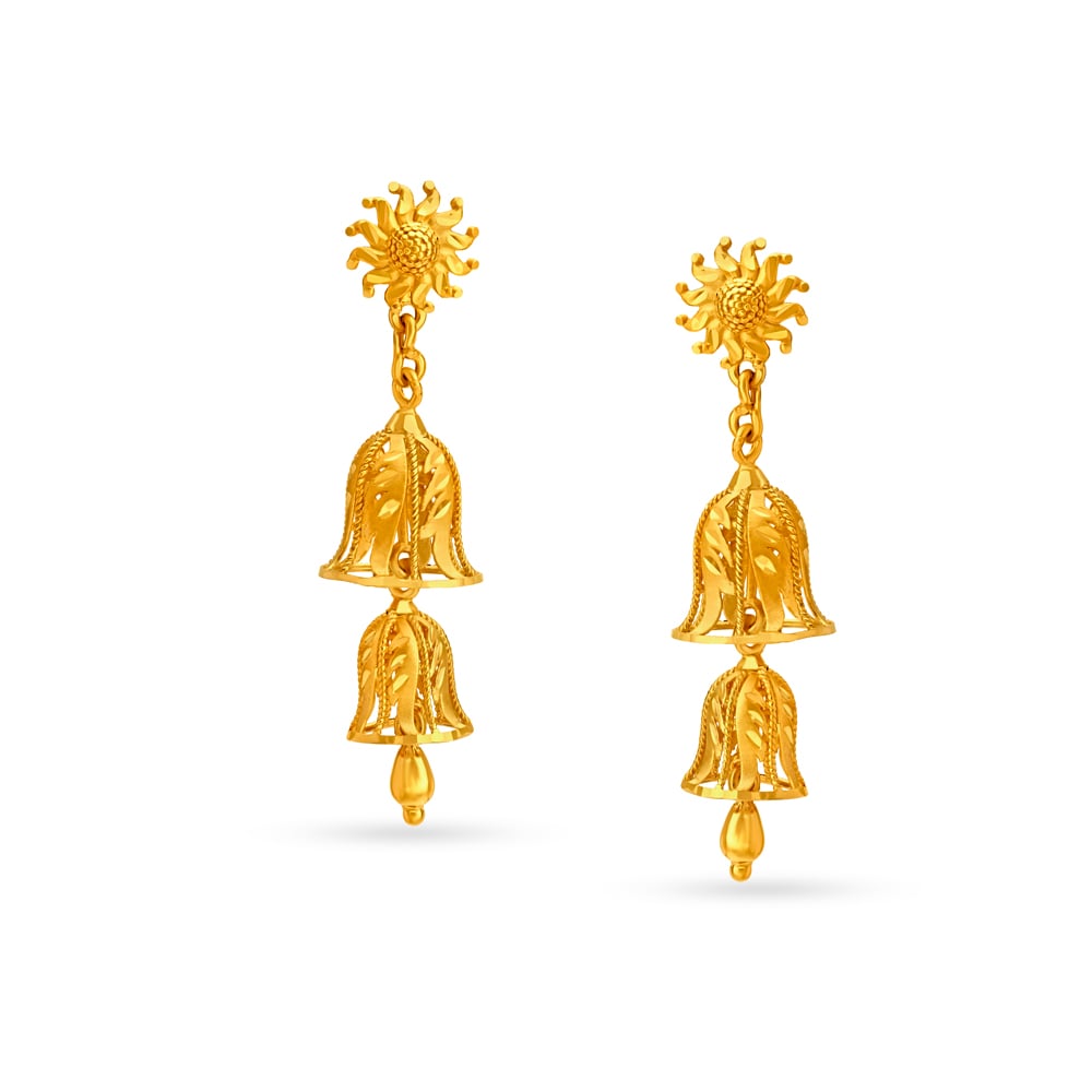 Artistic Yellow Gold Tiered Floral Jhumkas