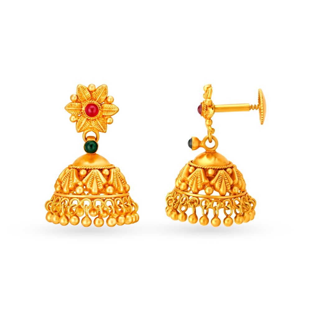 Traditional 22 Karat Yellow Gold Floral Jhumkas,,hi-res image number null