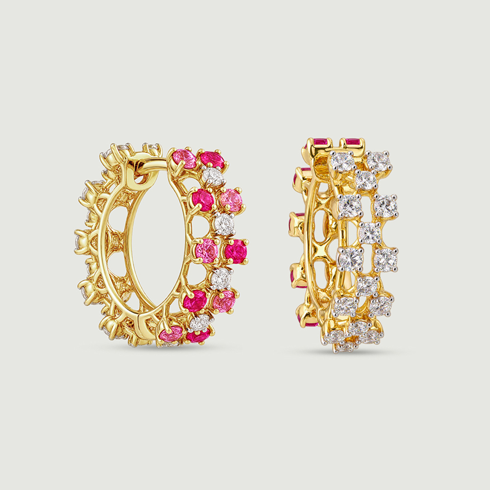 Graphic Triple Row Sapphire and Ruby Hoop Earrings,,hi-res image number null
