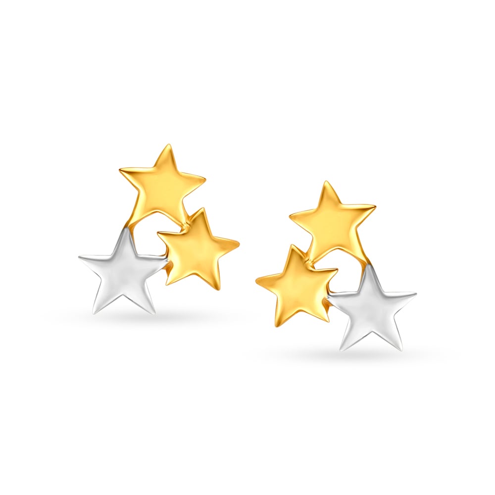 

Cute 22 Karat Gold And Rhodium-Polished Star-Patterned Studs