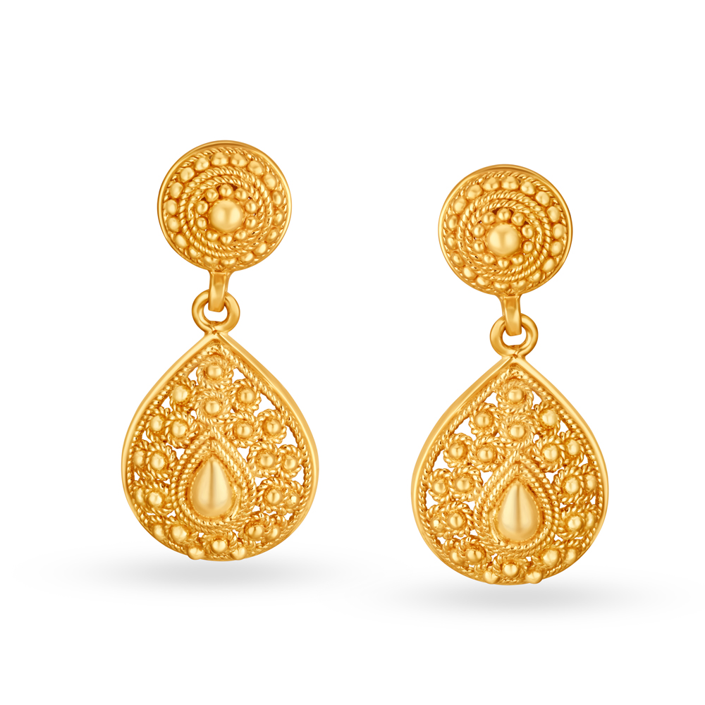 Pleasing 22 Karat Yellow Gold Filigree Drop Earrings