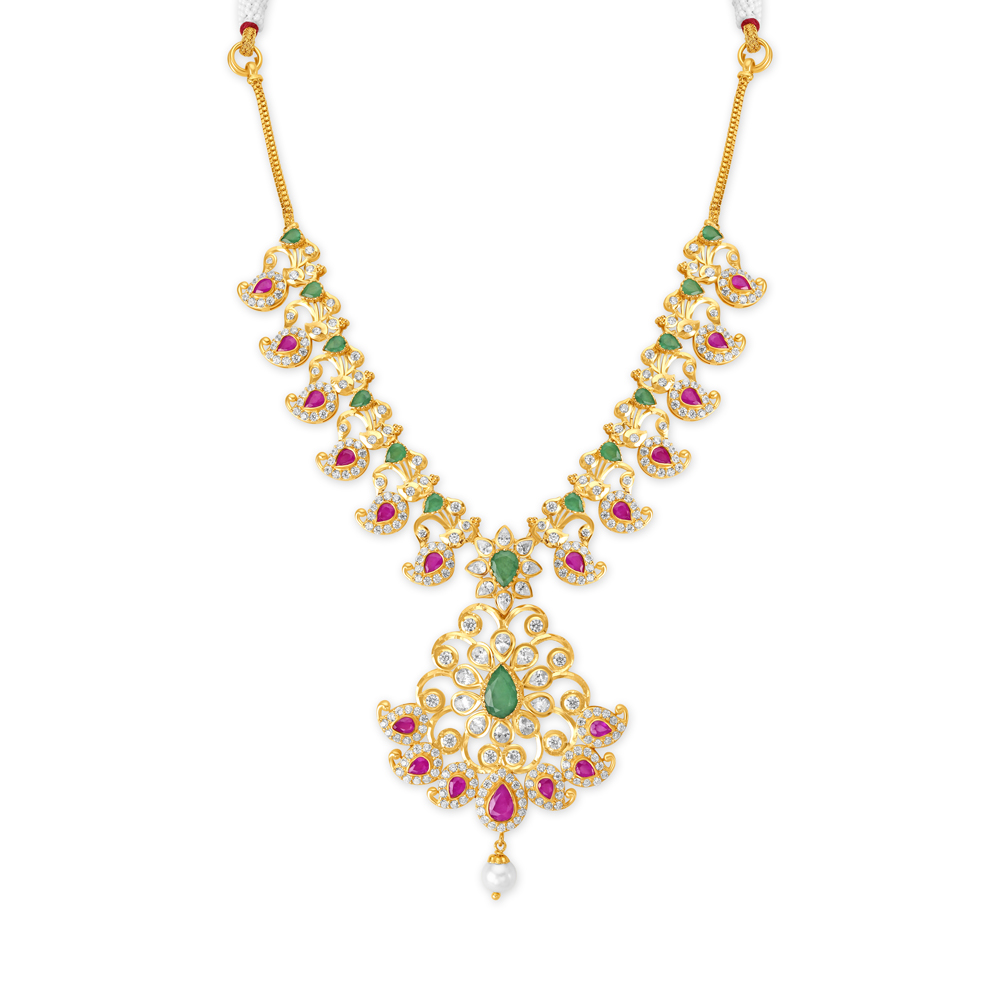 Stunning Gold Necklace Set With Cubic Zirconia, Emeralds and Pearls,,hi-res image number null