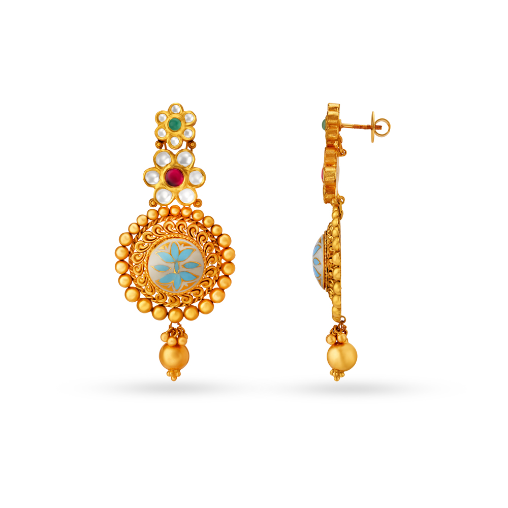 Floral Motif Gold Drop Earrings With Beads,,hi-res image number null