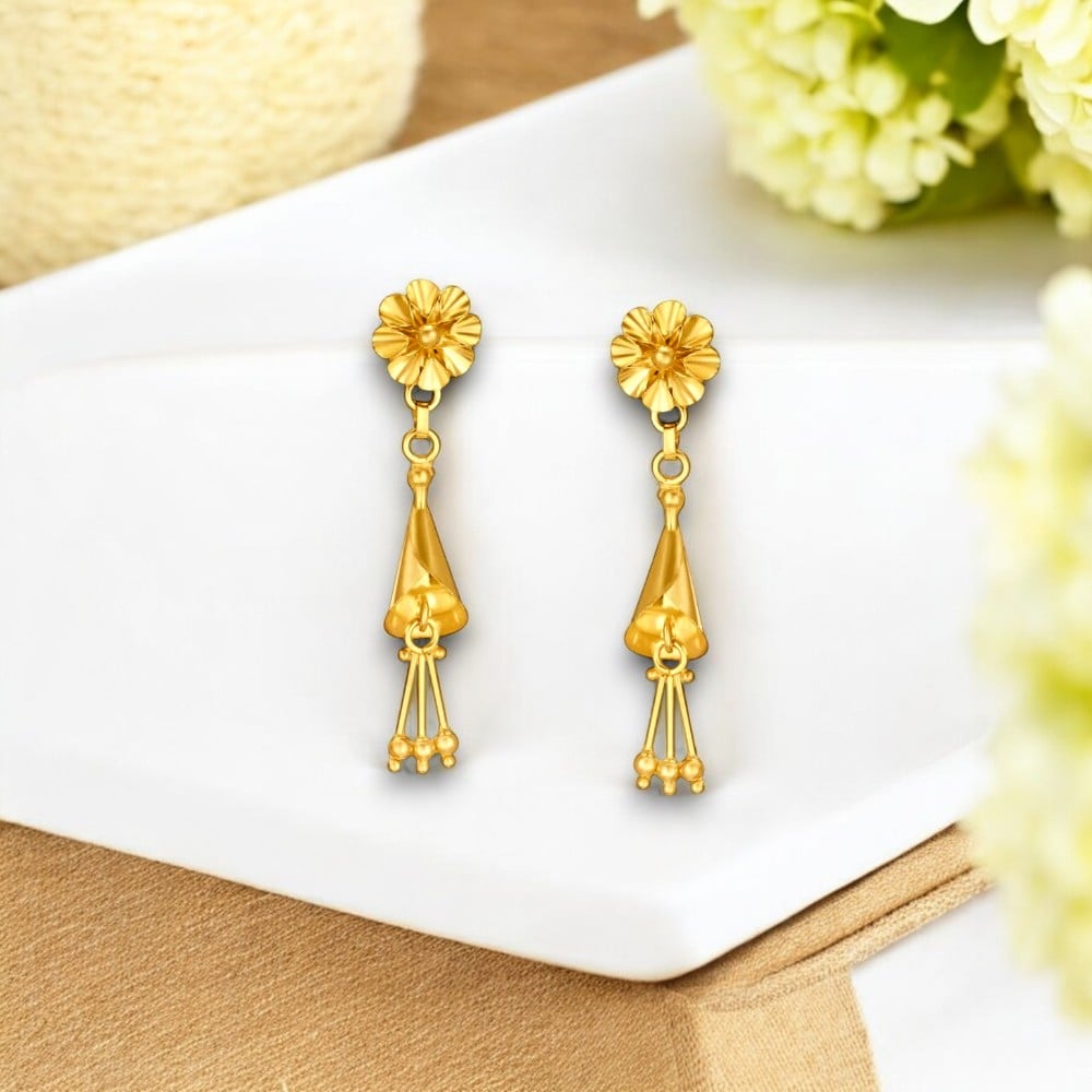 Modish 22 Karat Yellow Gold Floral Drop Earrings,,hi-res image number null