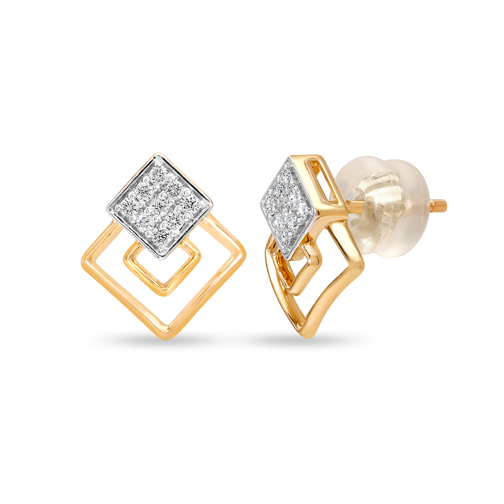 14KT Yellow Gold Sparkling Trio of Rhombus Diamond Stud Earring,,hi-res image number null